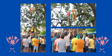 Dahi handi on the Sringaratali market bridge