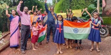 Every home Tiranga Prabhatferi at Veldur School