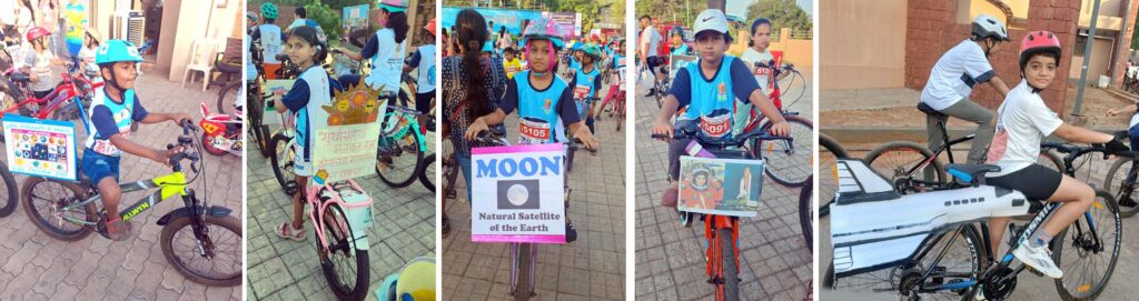 Child astronauts ride bicycles