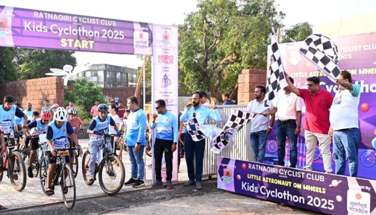 Child astronauts ride bicycles